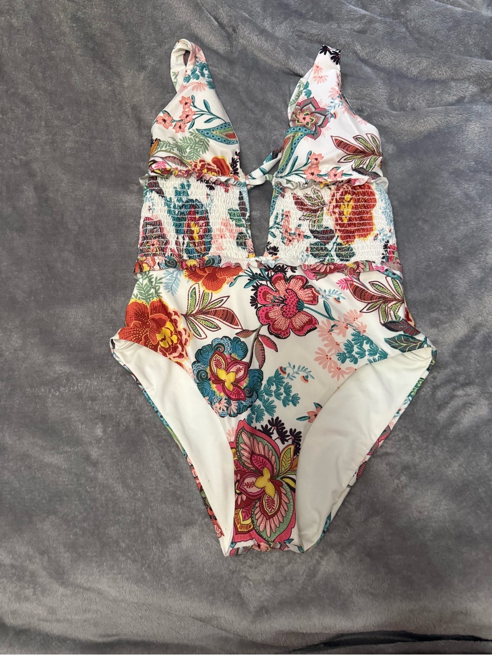 Girls White Floral One-Piece Swimsuit with Smocked Waist